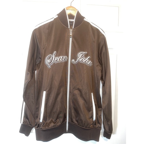 Sean John Track Jacket Full Zip Brown White Stripe Bomber Jacket Men's M - Picture 1 of 6